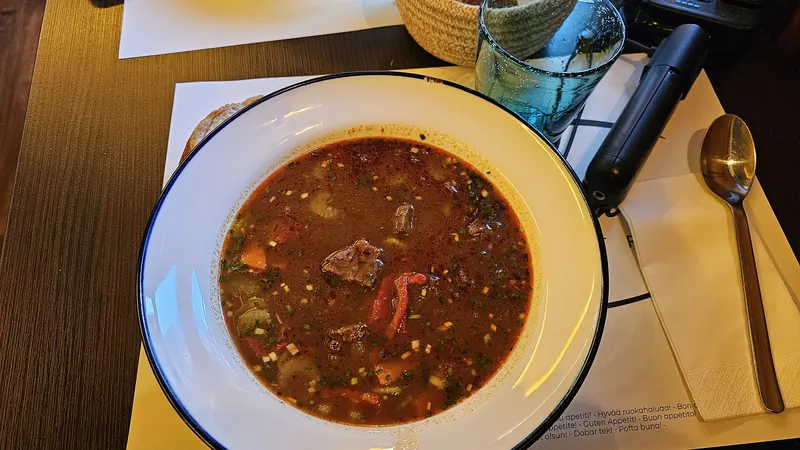 A bowl of Hungarian goulash soup with beef and vegetables
