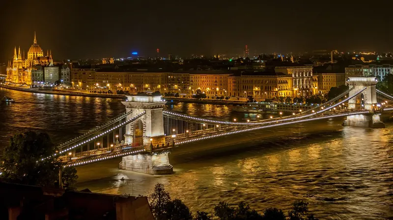 The Széchenyi Chain Bridge lit at night above the Danube