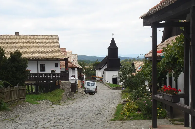 The centre of Hollókő village with its wooden church and houses