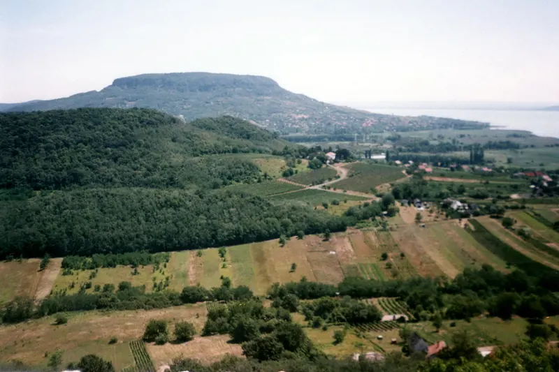The flat-topped basalt Badacsony hill rising above Lake Balaton