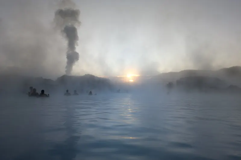 Sunrise light over the Blue Lagoon's geothermal water