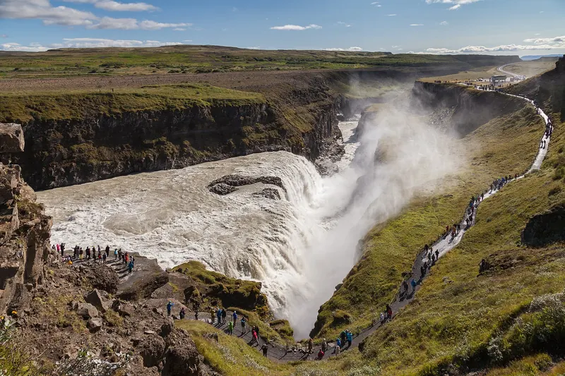 Gullfoss waterfall cascading in two tiers on Iceland's Golden Circle