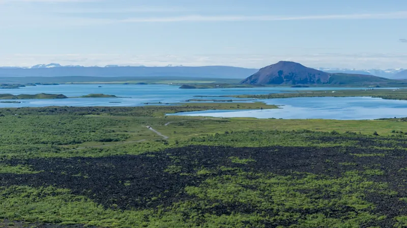 Lake Mývatn surrounded by volcanic terrain in North Iceland