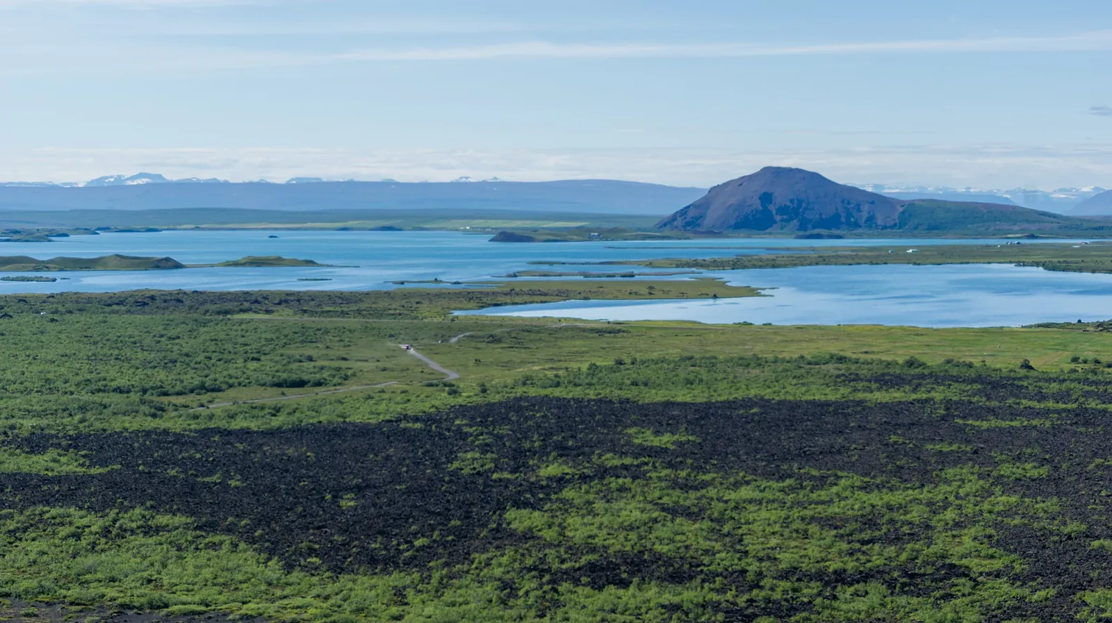 Lake Mývatn surrounded by volcanic terrain in North Iceland