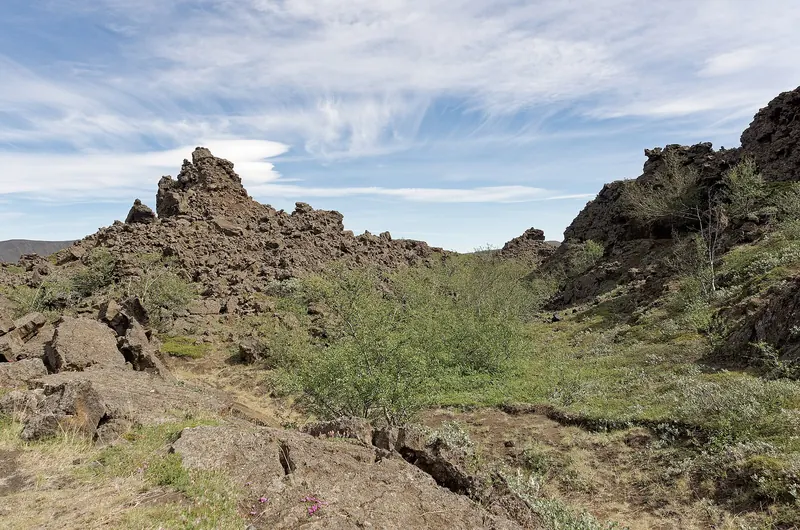 Twisted black lava pillars and arches at Dimmuborgir