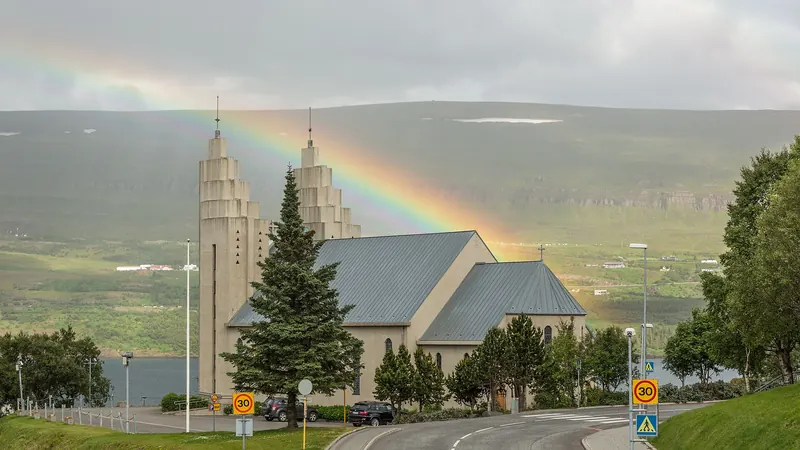 Akureyrarkirkja church overlooking the town of Akureyri