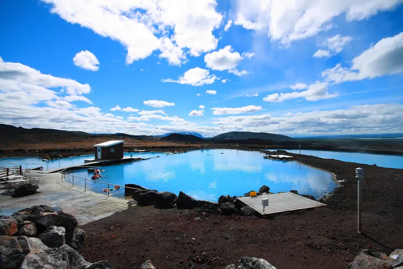 The geothermal Mývatn Nature Baths overlooking the surrounding lava landscape