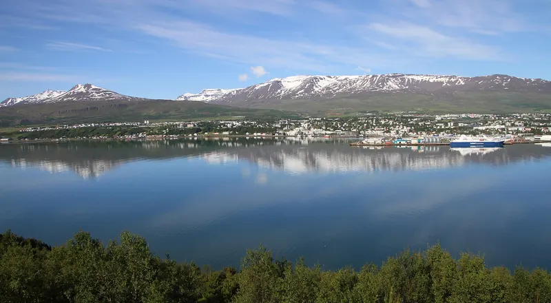 A panoramic view over the town of Akureyri and its fjord