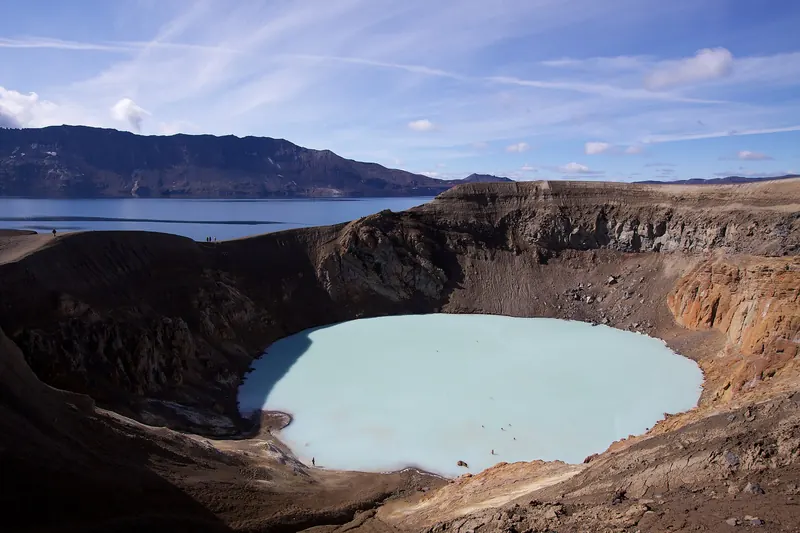 The turquoise waters of the Víti geothermal crater lake at Askja