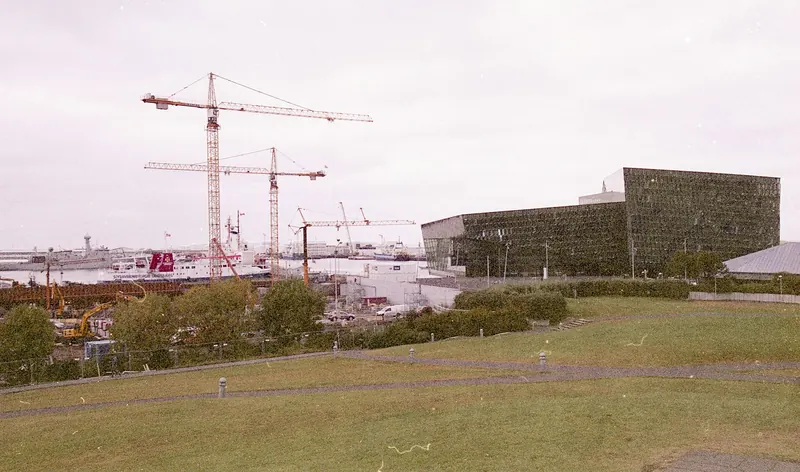 Harpa Concert Hall's geometric glass facade on Reykjavik's waterfront