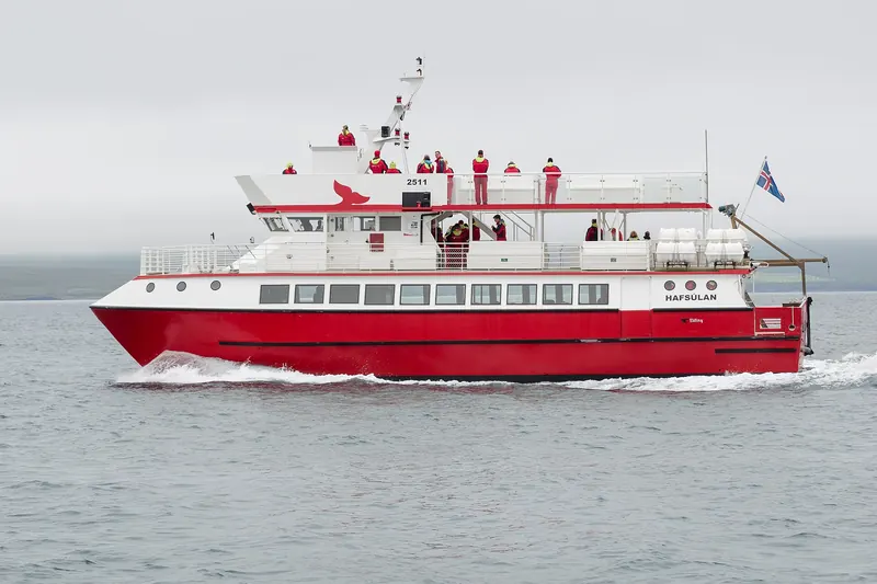 A whale-watching boat departing Reykjavik's old harbour