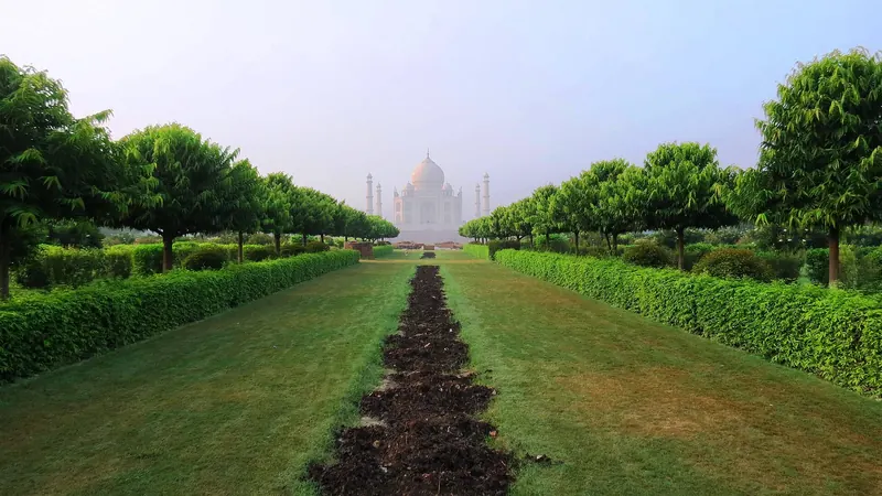 The Taj Mahal seen from the Mehtab Bagh gardens across the river