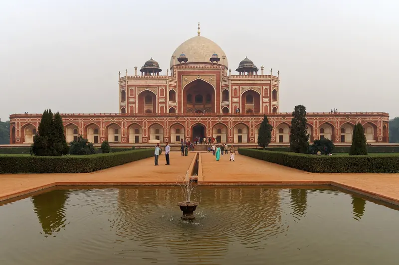The red sandstone and marble Humayun's Tomb set in formal gardens