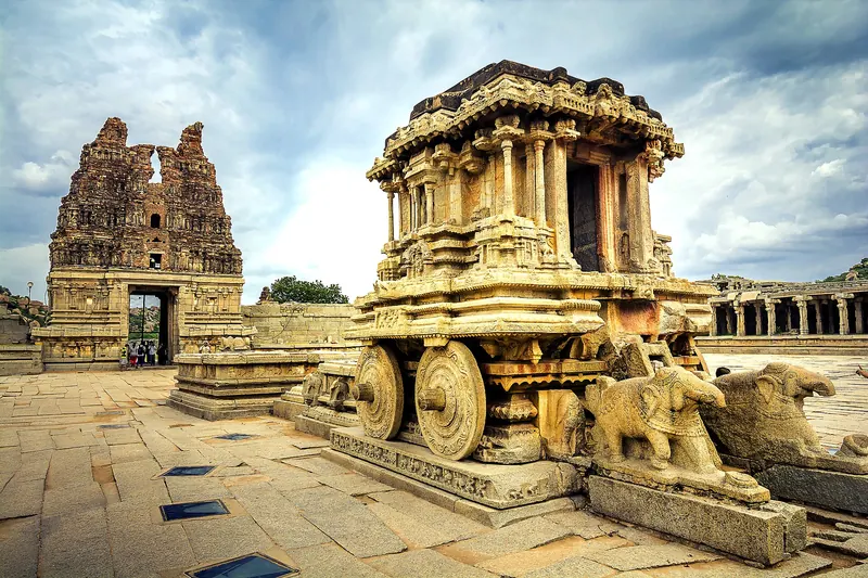 The stone chariot shrine in the courtyard of the Vittala Temple at Hampi