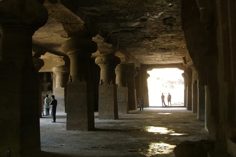 Rock-cut columns inside the Elephanta Caves near Mumbai