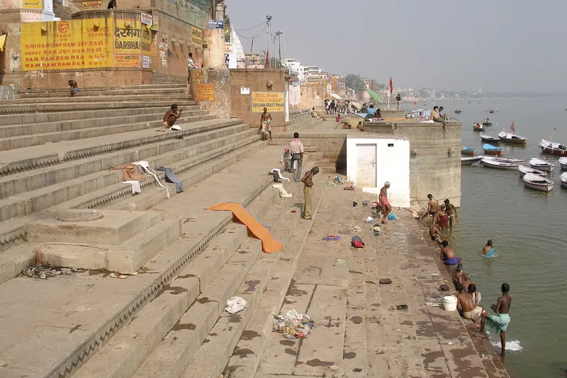 The stone ghats and temples lining the west bank of the Ganges in Varanasi