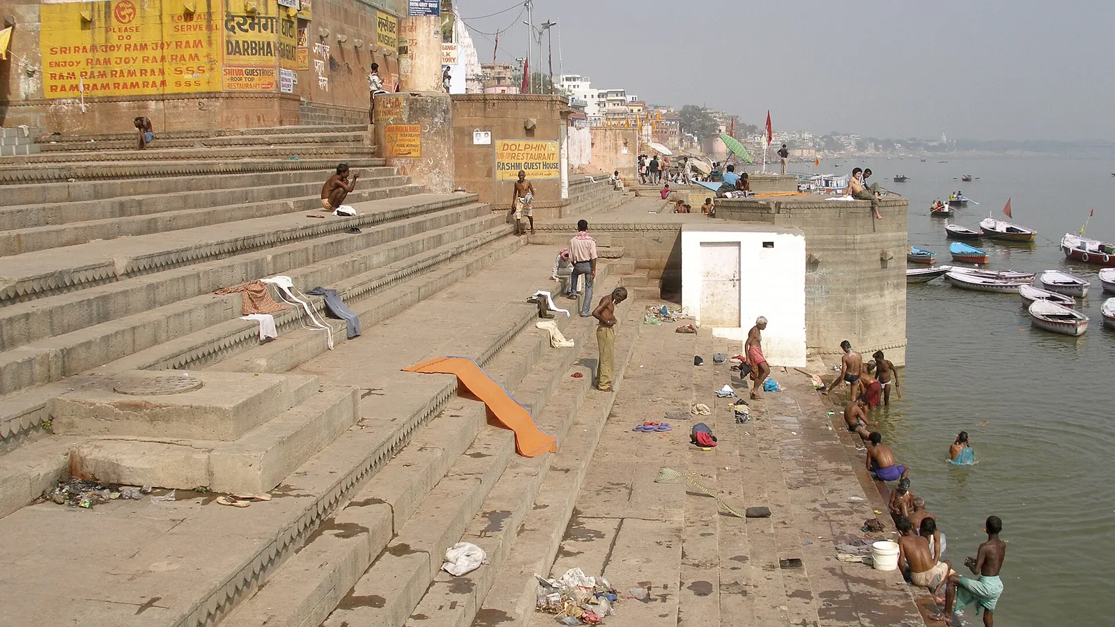 The stone ghats and temples lining the west bank of the Ganges in Varanasi