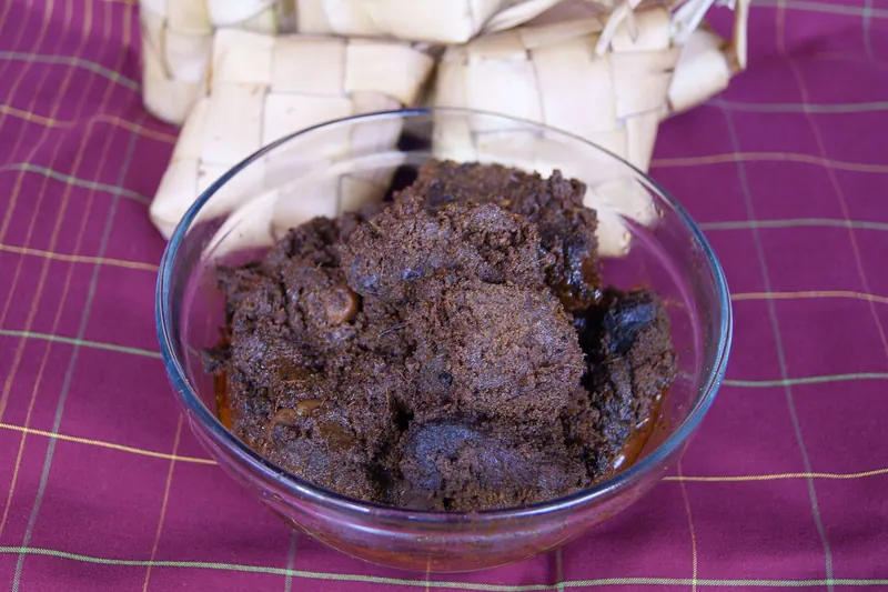 A bowl of rendang, slow-cooked spiced beef from West Sumatra