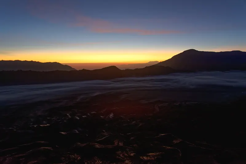 Sunrise over Mount Bromo's volcanic crater in East Java