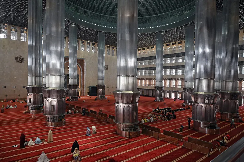 The vast interior prayer hall of Istiqlal Mosque in Jakarta
