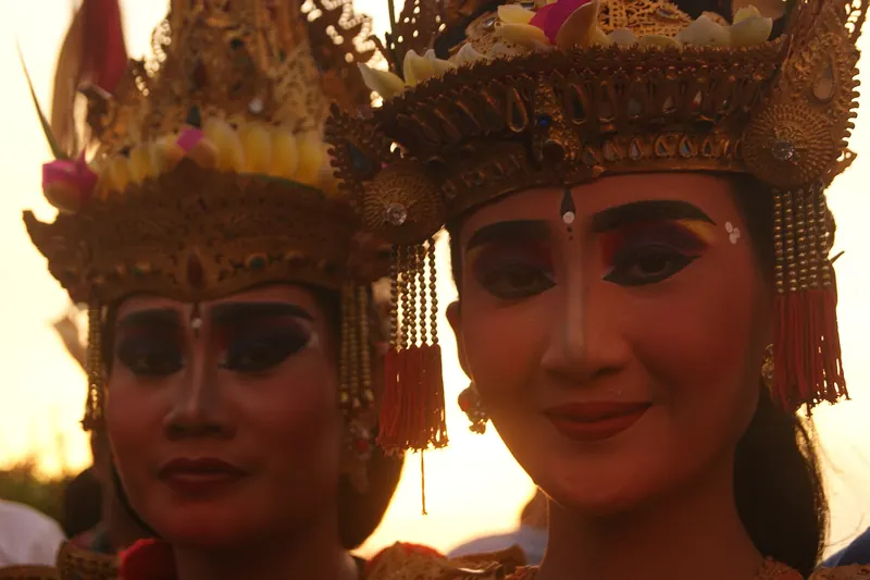 A Kecak fire dance performance at Uluwatu Temple at sunset