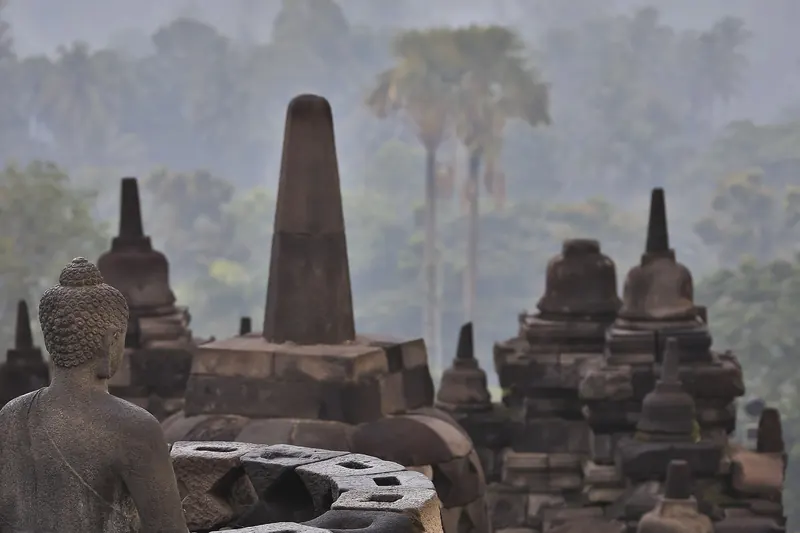 The stone stupas and terraces of Borobudur, the world's largest Buddhist temple
