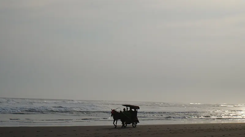 A horse-drawn carriage on the black sand of Parangtritis Beach
