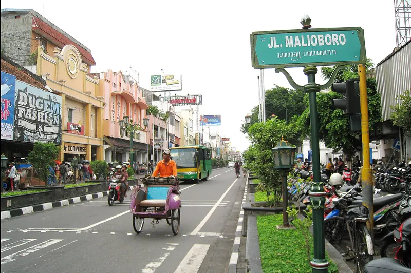 Malioboro Street lit up in the evening in Yogyakarta