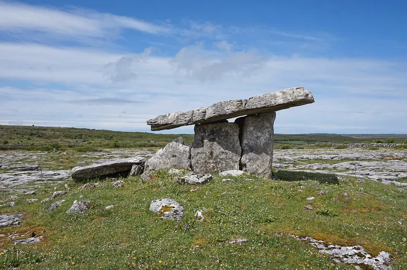 Poulnabrone Dolmen standing in the open Burren landscape