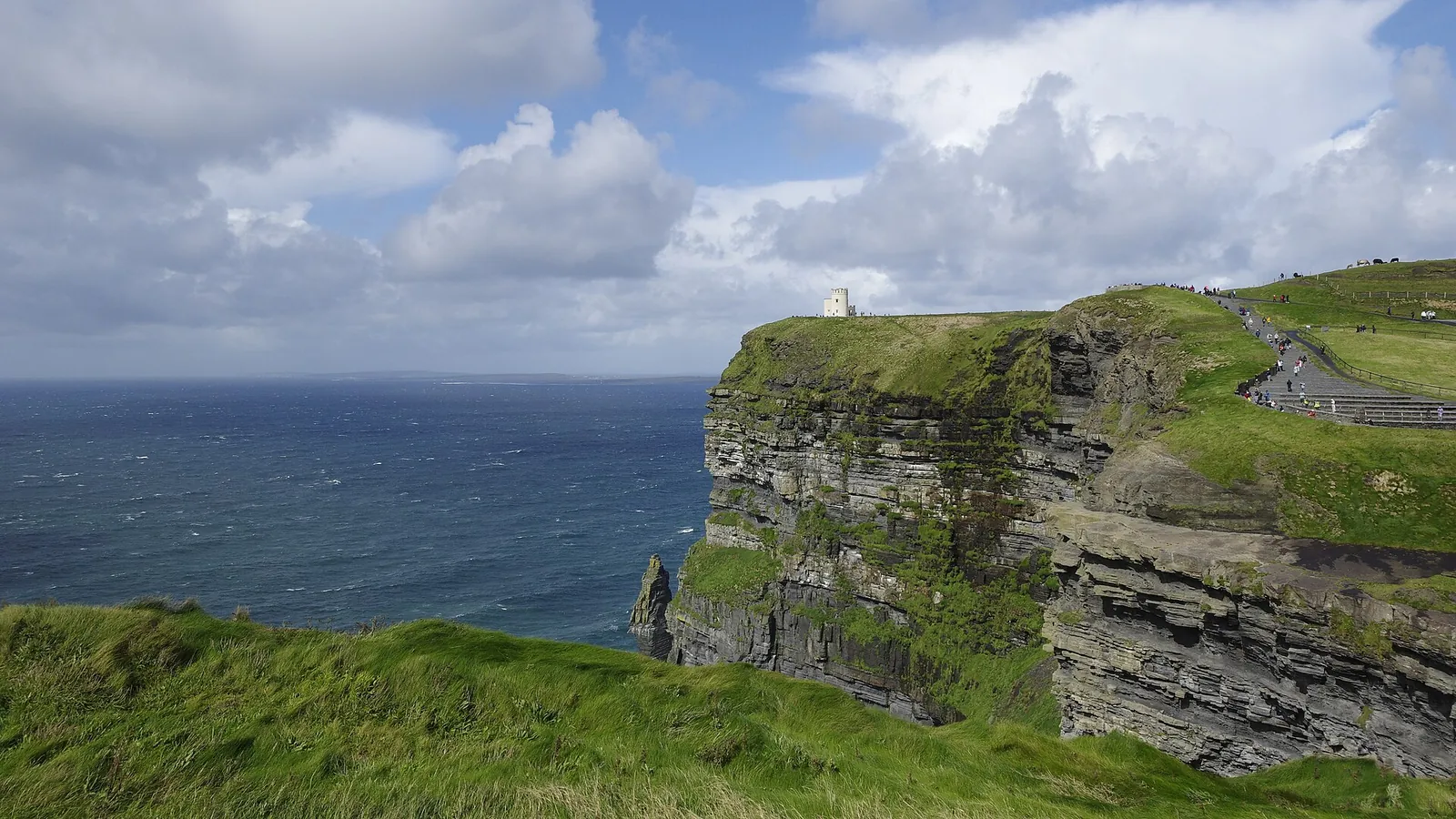 The Cliffs of Moher rising sheer from the Atlantic Ocean