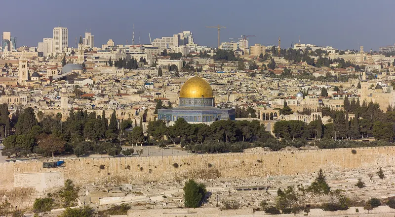 The golden Dome of the Rock and the Temple Mount seen from the Mount of Olives