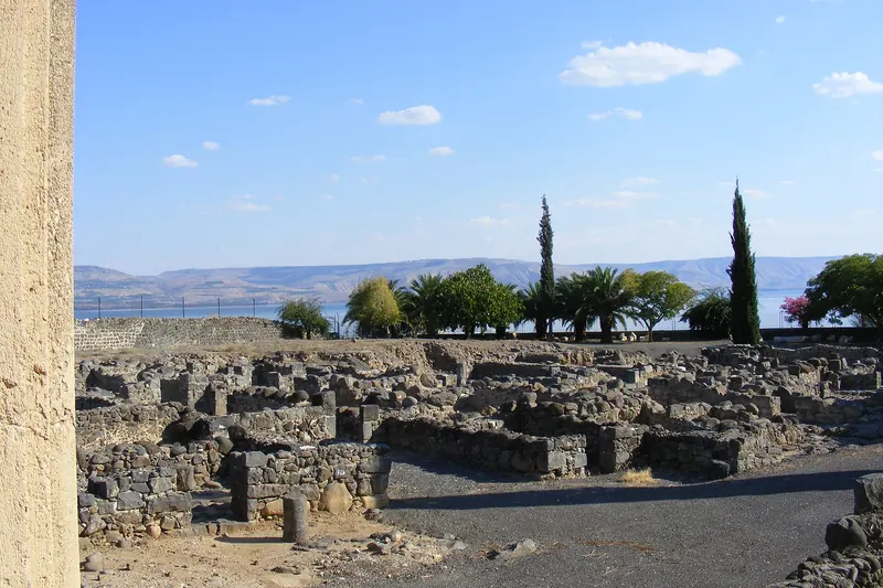The white limestone ruins of the ancient synagogue at Capernaum