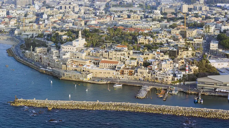 Aerial view of the old port and stone town of Jaffa
