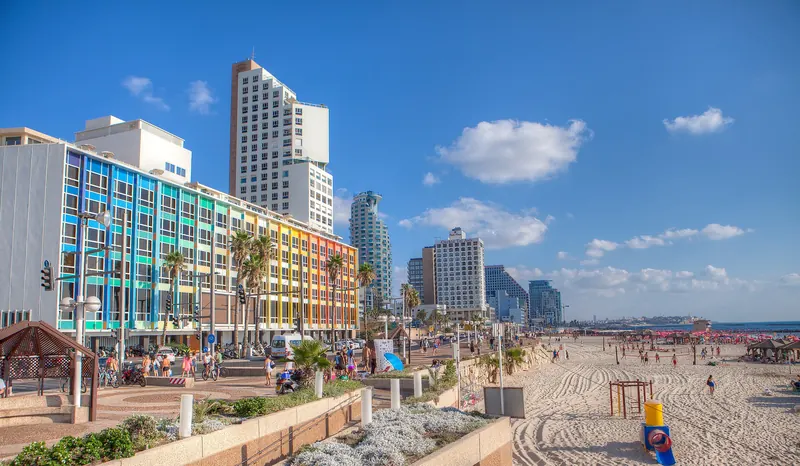 The seafront promenade and skyline of Tel Aviv along the Mediterranean