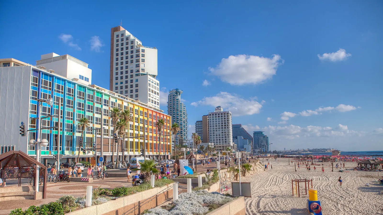 The seafront promenade and skyline of Tel Aviv along the Mediterranean