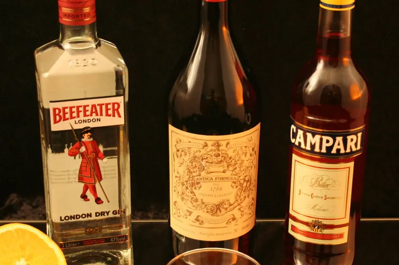 A Negroni and its ingredients, the classic Italian aperitivo