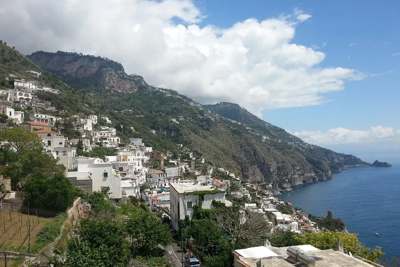 The village of Praiano clinging to the cliffs above the sea