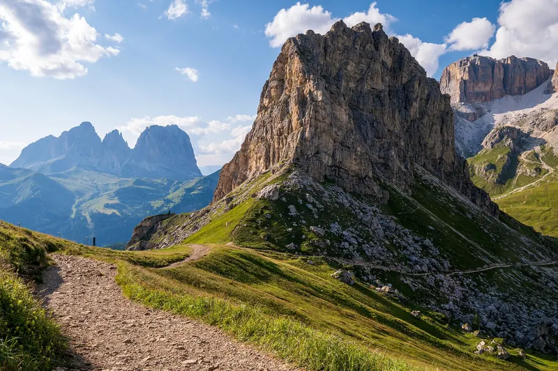 The hairpin bends of the Passo Pordoi, one of the four passes around the Sella massif
