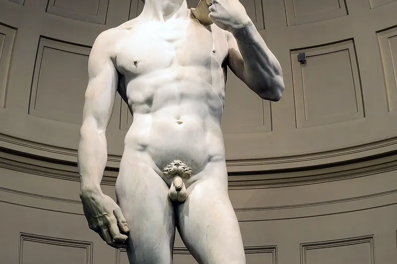 Michelangelo's marble David standing at the end of the Accademia's gallery