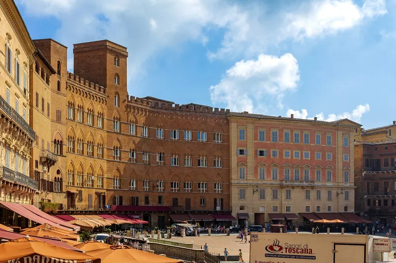 Siena's shell-shaped Piazza del Campo ringed by medieval buildings