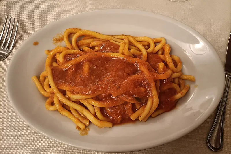 A plate of thick hand-rolled pici pasta with aglione tomato sauce
