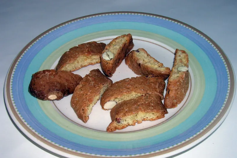 A pile of hard almond cantucci biscuits