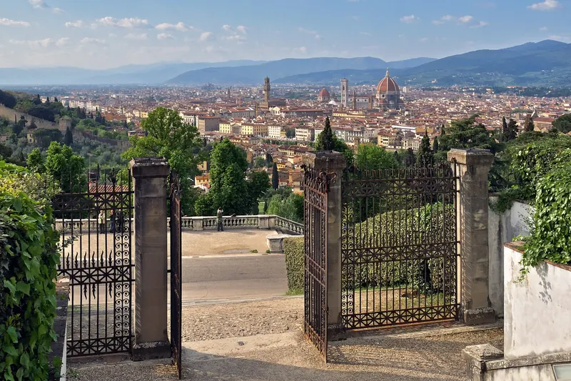 Florence's rooftops laid out below the terrace of San Miniato al Monte