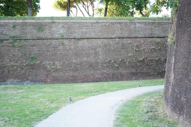The brick ramparts of Lucca's Renaissance walls with the path that circles them