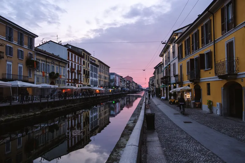 Sunset over the Naviglio Grande, the centre of Milan's evening drinking