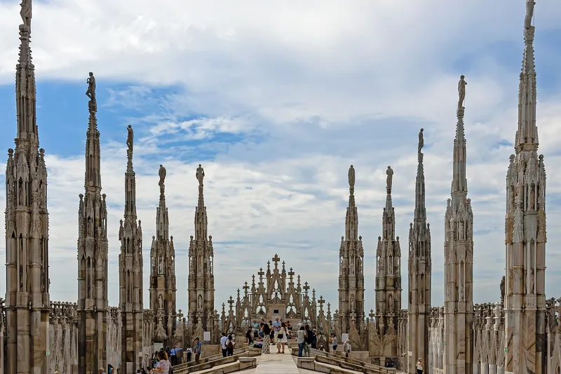 The marble roof terraces of the Duomo, among flying buttresses and statues