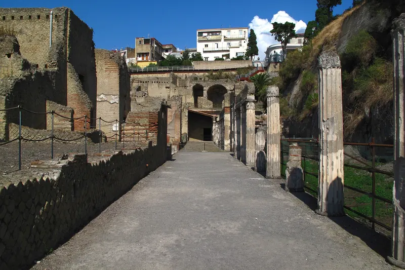 The ruins of Herculaneum, with carbonised wood and standing upper storeys
