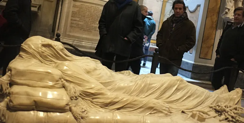 Inside the Cappella Sansevero, the Baroque chapel holding Sanmartino's Veiled Christ