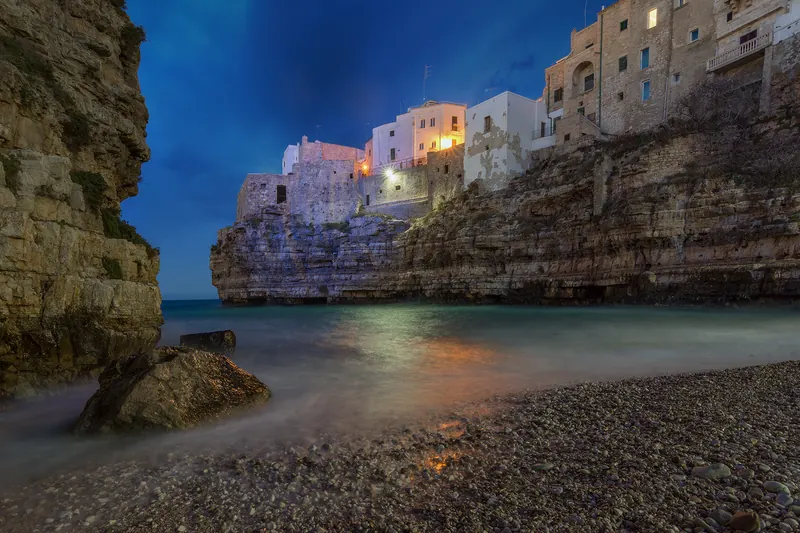 Polignano a Mare built on its cliff over the Lama Monachile cove