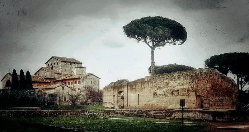 Brick ruins of the imperial palaces scattered across the top of the Palatine Hill